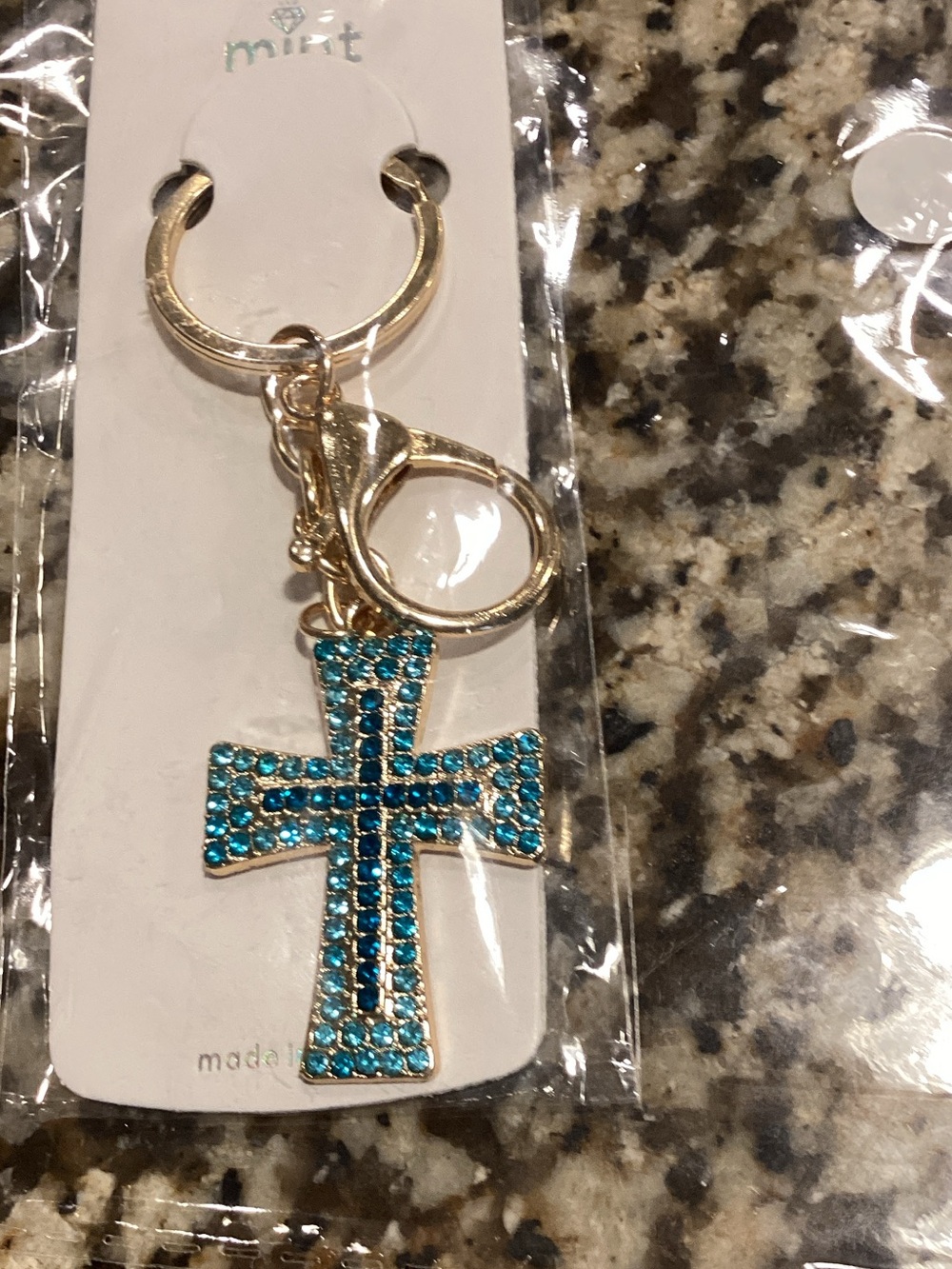 Mint Turquoise Crystal Cross Keyring with Gold Hardware